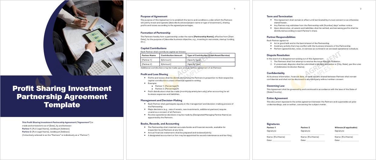 Complete view of Profit Sharing Investment Partnership Agreement Template with all detailed clauses and formatted structure