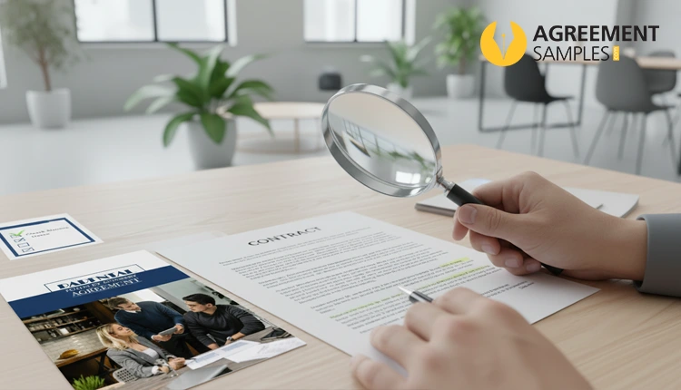 Proofreading agreement template before finalizing showing person reviewing contract with magnifying glass