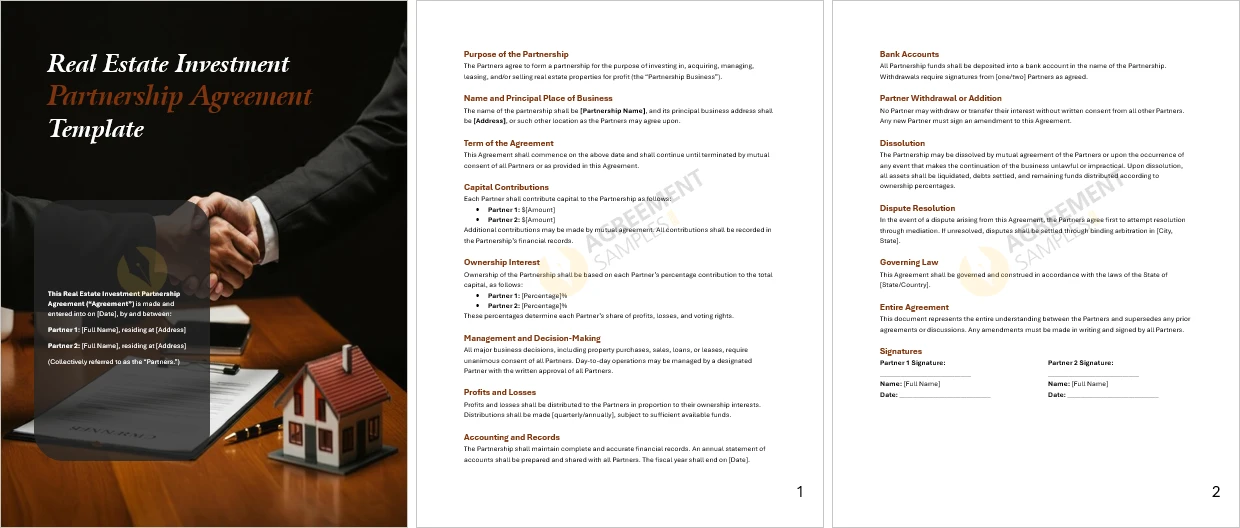 Full view of Real Estate Investment Partnership Agreement template with complete legal format and sample text