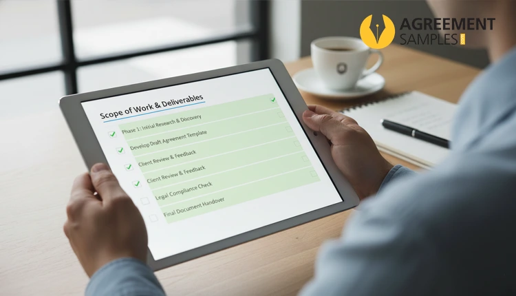 Sample scope of work in an agreement template showing task checklist on a digital tablet