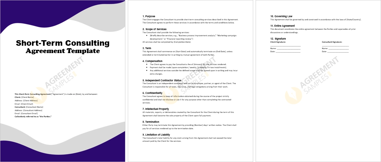 Complete Short Term Consulting Agreement Template showing full contract structure and professional formatting
