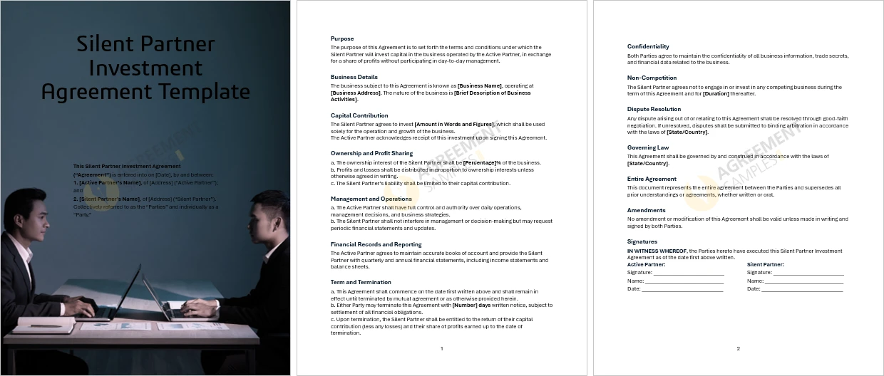 Full View of Silent Partner Investment Agreement Template in Editable Format