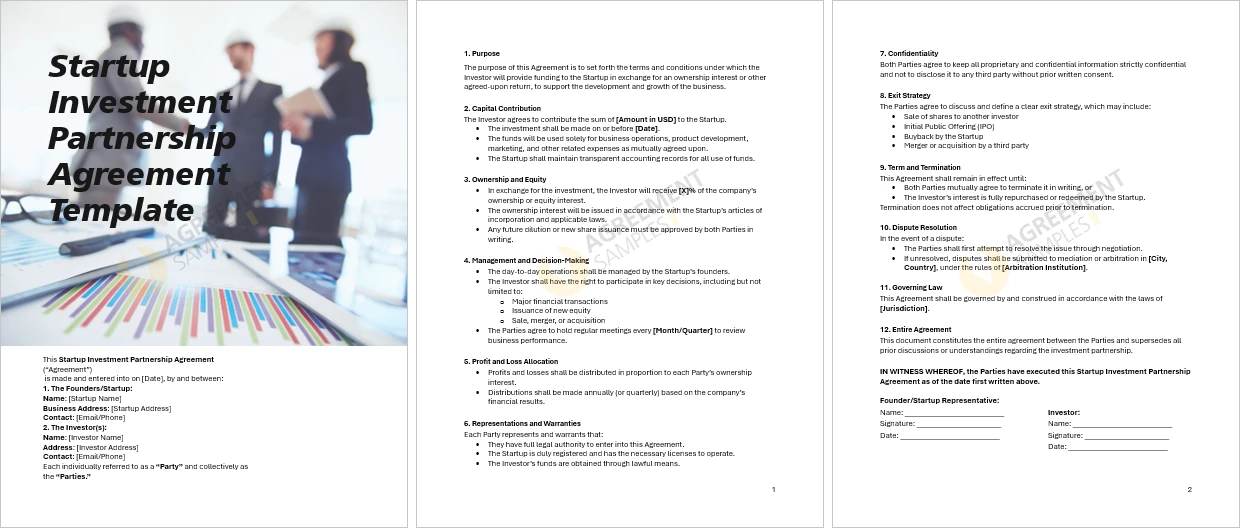 Complete Startup Investment Partnership Agreement Template showing full legal layout with clauses for investment terms profit sharing and exit strategy