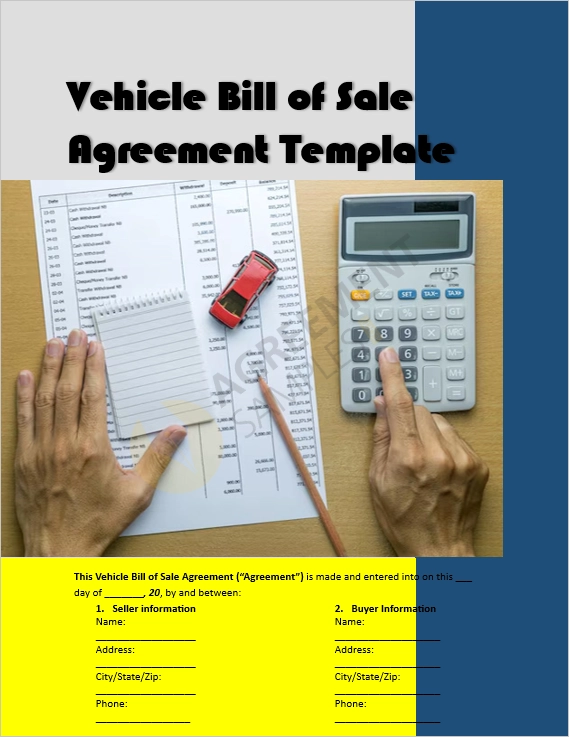Vehicle Bill of Sale Agreement Template cover page showing document title and clean professional layout