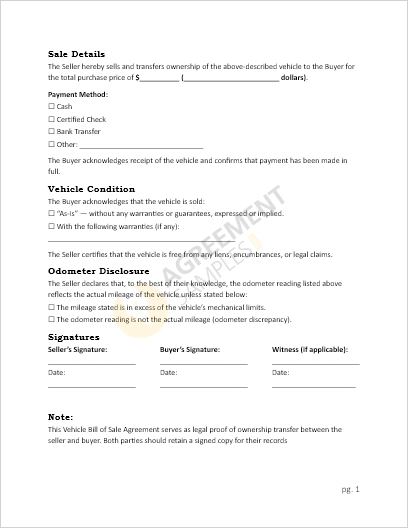 Inside preview of Vehicle Bill of Sale Agreement Template displaying sections for buyer seller and vehicle details