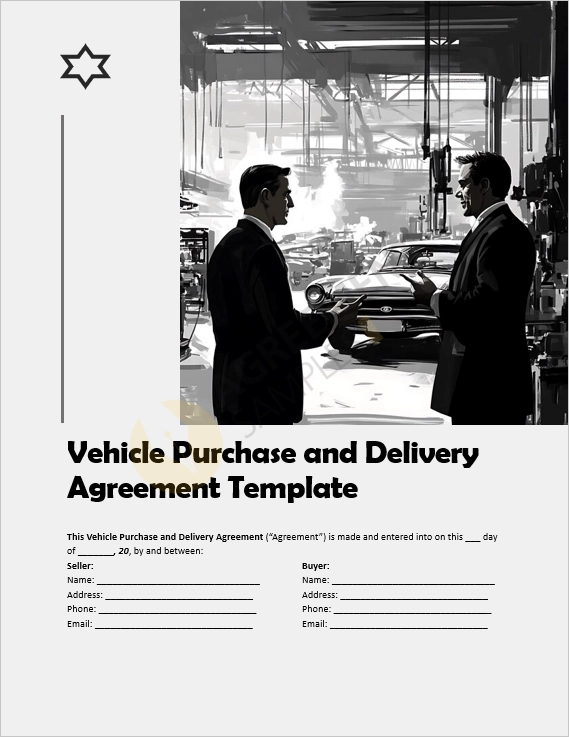 Vehicle Purchase and Delivery Agreement cover page showing a professional contract document layout