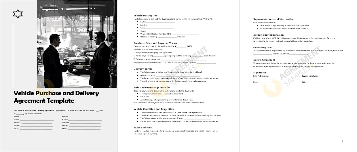 Complete Vehicle Purchase and Delivery Agreement template displaying all sections including payment delivery and ownership terms