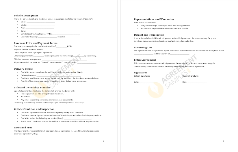 Inside preview of Vehicle Purchase and Delivery Agreement template with editable sections for buyer seller and vehicle details