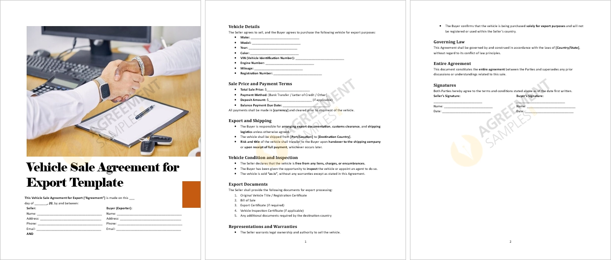 Complete view of Vehicle Sale Agreement for Export template with export terms and signature section
