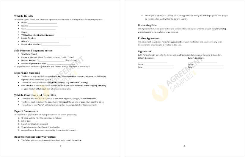 Inside preview of Vehicle Sale Agreement for Export showing vehicle details and payment terms