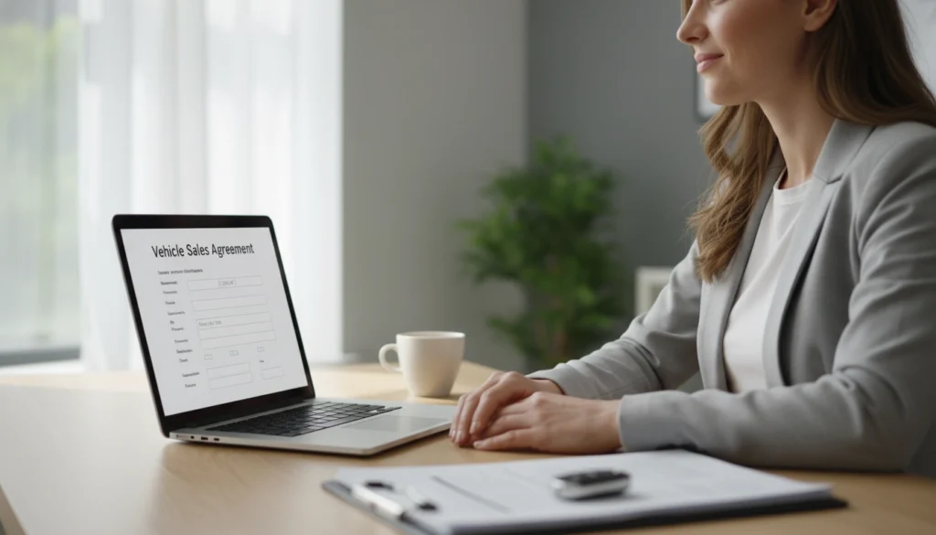 professional person reviewing vehicle sales agreement template on laptop in bright office