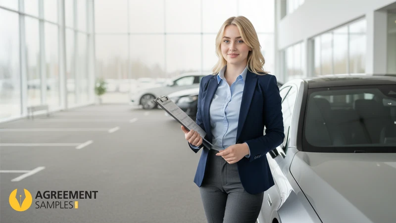 professional woman explaining vehicle sales agreement beside a car
