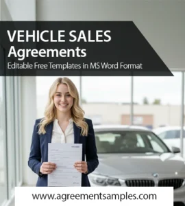 woman holding vehicle sales agreement document with car in background