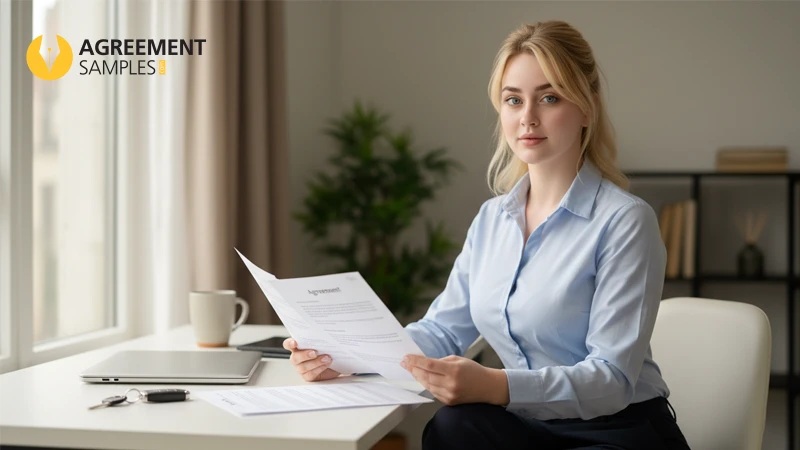 woman reviewing vehicle sales agreement document at desk